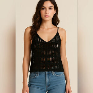 AOLRO Black Crochet Knit Beach Tank | Women's Swim Cover-Up Top